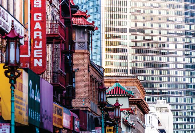 Chinatown traditional building and skyscrapers